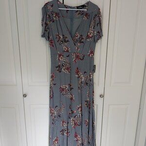 NWT Lulus Fiorire Slate Blue Floral Print Wrap Maxi Dress Size XLarge